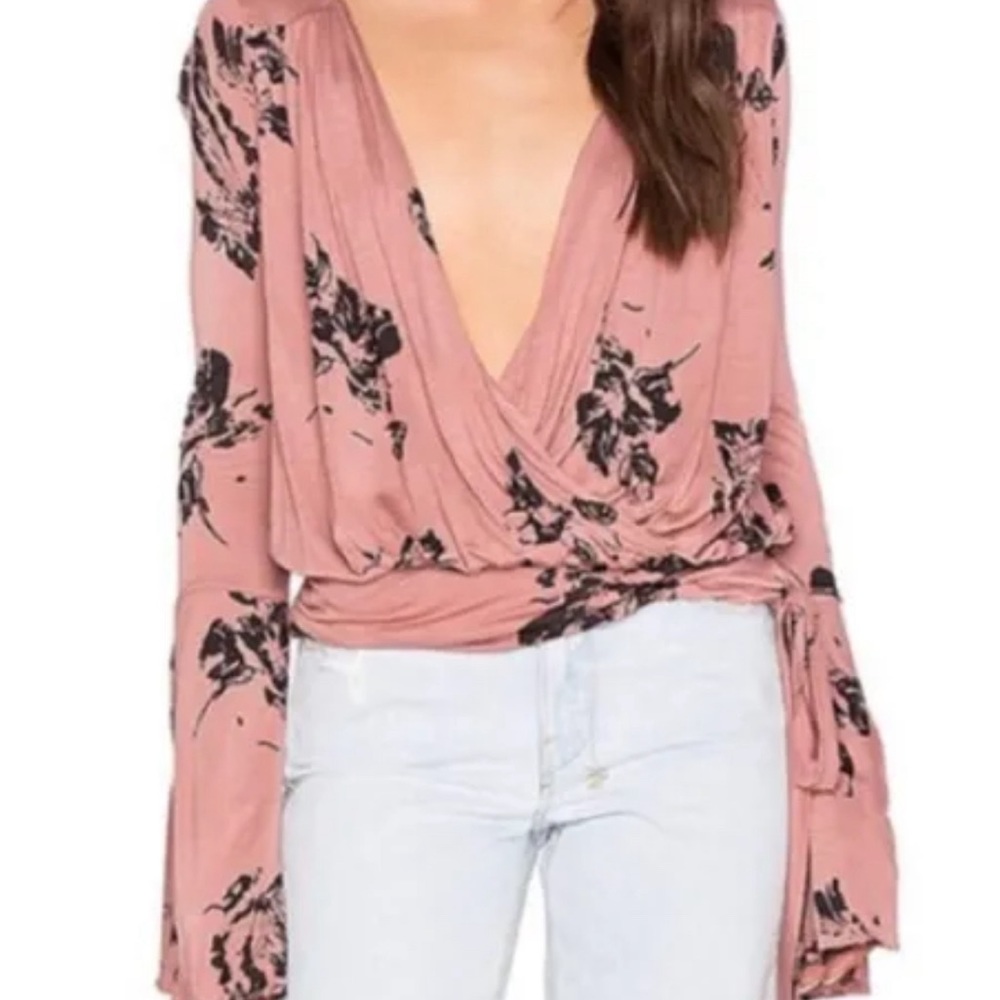 Free People Long Sleeve Boho Floral Print Faux Wrap Top.